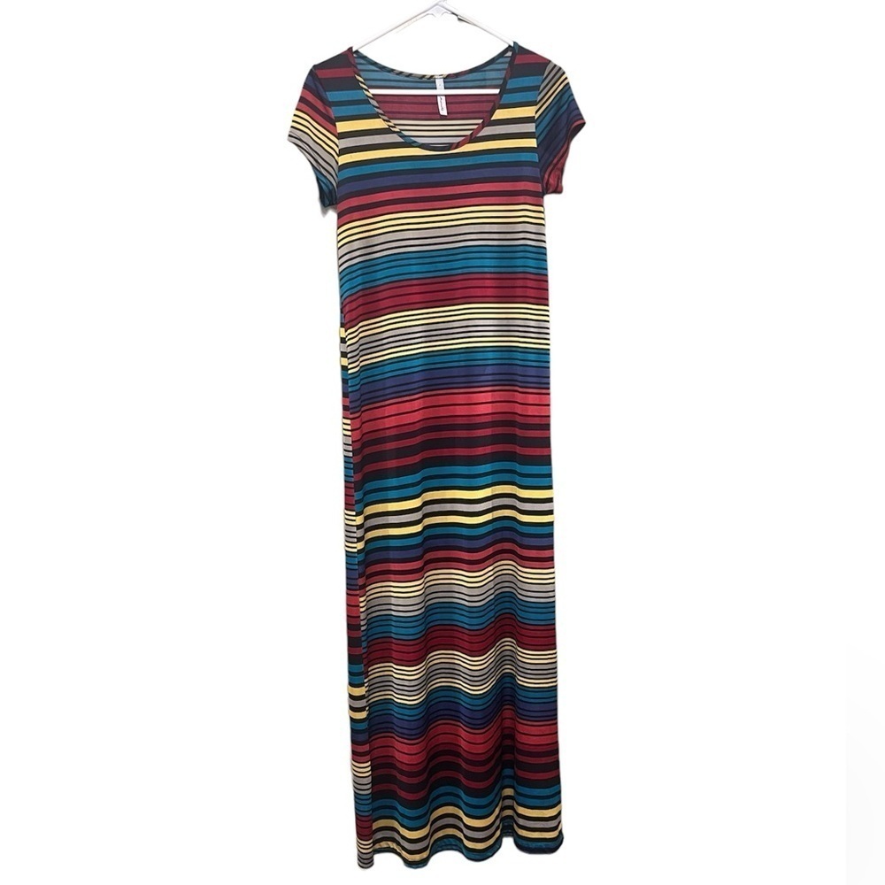 Vintage‎ Mi Manchi Retro Rainbow Stripe Short Sleeve Y2K Maxi Dress Small Artsy